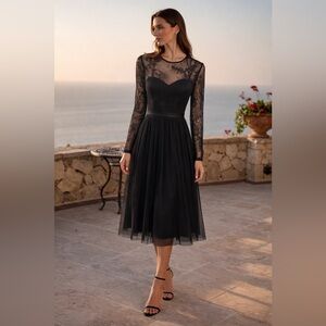 Catherine Deane Lace & Mesh Silk Sweetheart Long Sleeve Midi Dress UK8/US4